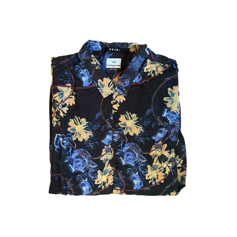 Ksubi Mens Black Short Sleeve Shirt Floral Barbed Wire Graphic 2XL XXL